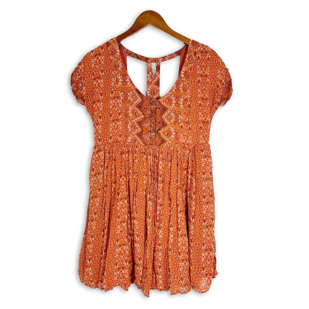 Free People XS Orange Printed Rayon Mini Babydoll Dress with Pockets Festival